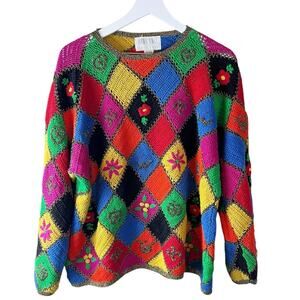 The Limited‎ Vintage 90's Crochet Floral Embroidered Sweater Glitter Hand Knit